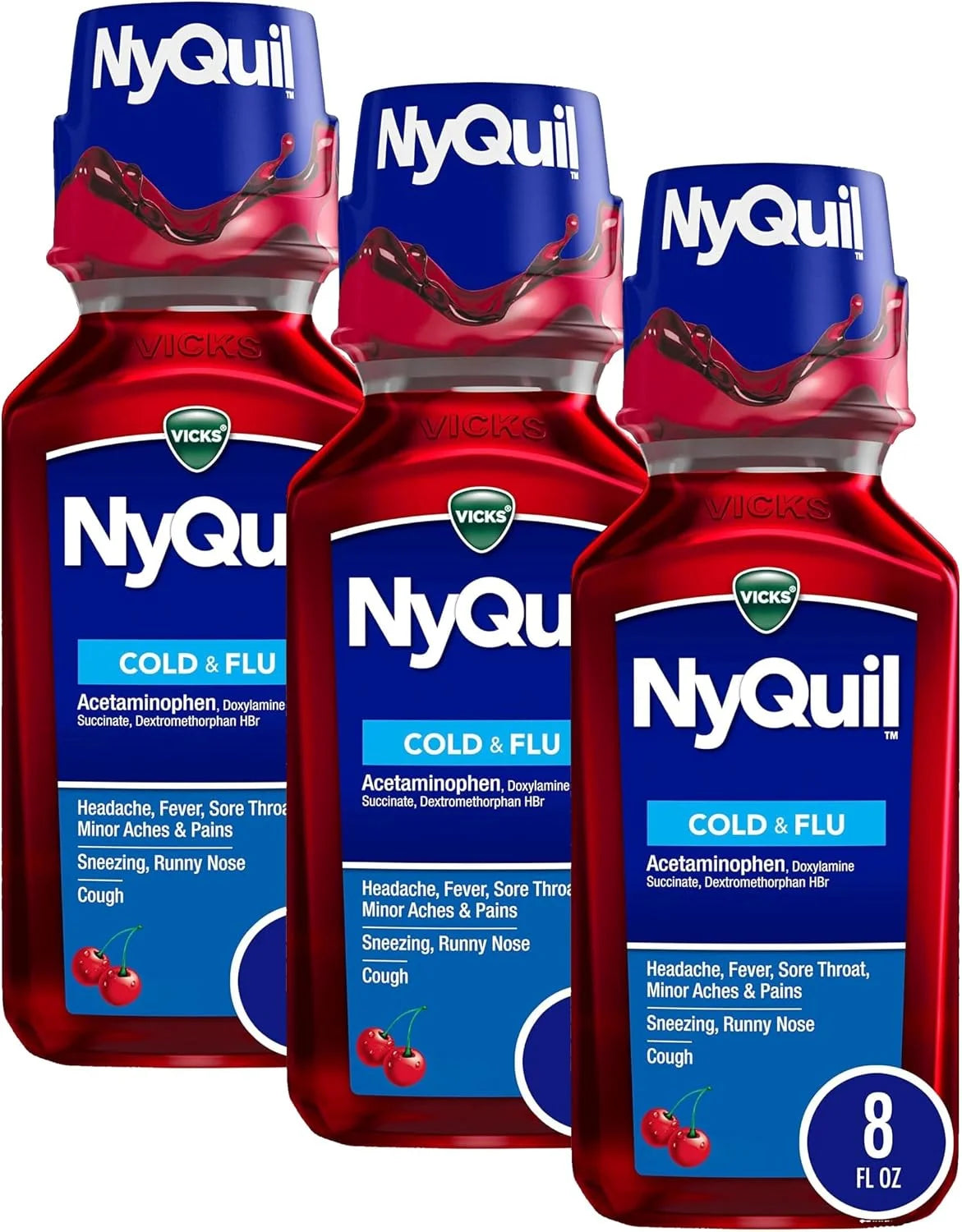 Vicks NyQuil Cough Nighttime Relief, 8 Fl Oz, Cherry Flavor - Relieves Sore Throat, Runny Nose, Cough (Pack of 3)