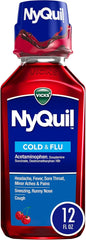 Vicks NyQuil Cherry Cold and Flu Relief Liquid Medicine, Nighttime Relief for Headache, Fever, Sore Throat, Minor Aches and Pains, Sneezing, Runny Nose, and Cough, Cherry Flavored, 12 FL OZ