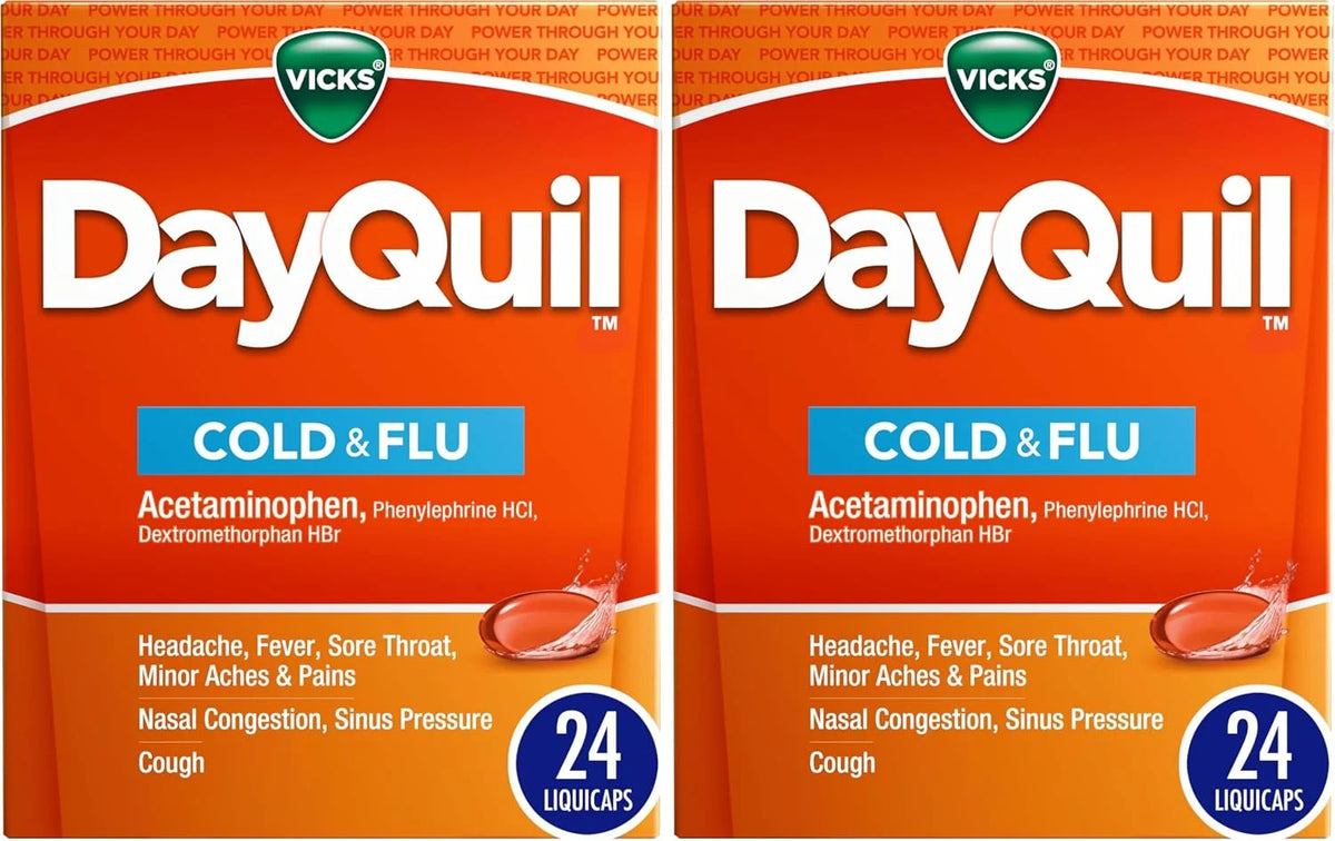 Vicks DayQuil LiquiCaps, Cough, Cold & Flu Relief, Sore Throat, Fever, & Congestion Relief, Non- Drowsy, 24 LiquiCaps (Pack of 2)