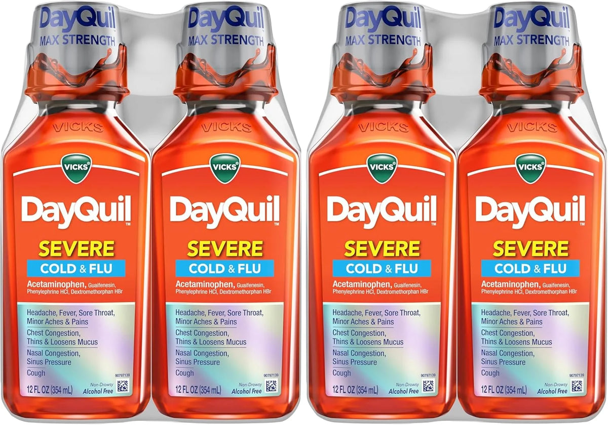 Vicks DayQuil Severe Cold&Flu Liquid Medicine, Daytime Relief for Headache, Fever, Sore Throat, Minor Aches&Pains, Chest Congestion, Stuffy Nose, Nasal Congestion, Sinus Pressure&Cough 2ct (Pack of 2)