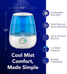 Vicks Filter-Free Ultrasonic Humidifier, Recommended by Pediatricians, 1.2 Gal Ultrasonic Cool Mist Humidifiers for Bedrooms & Kids Rooms, Works with Vicks VapoPads