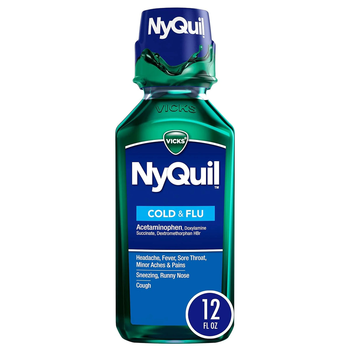 Vicks NyQuil Cold and Flu Relief Liquid Medicine, Powerful Multi-Symptom Nighttime Relief for Headache, Fever, Sore Throat, Minor Aches and Pains, Sneezing, Runny Nose, and Cough, 12 FL OZ