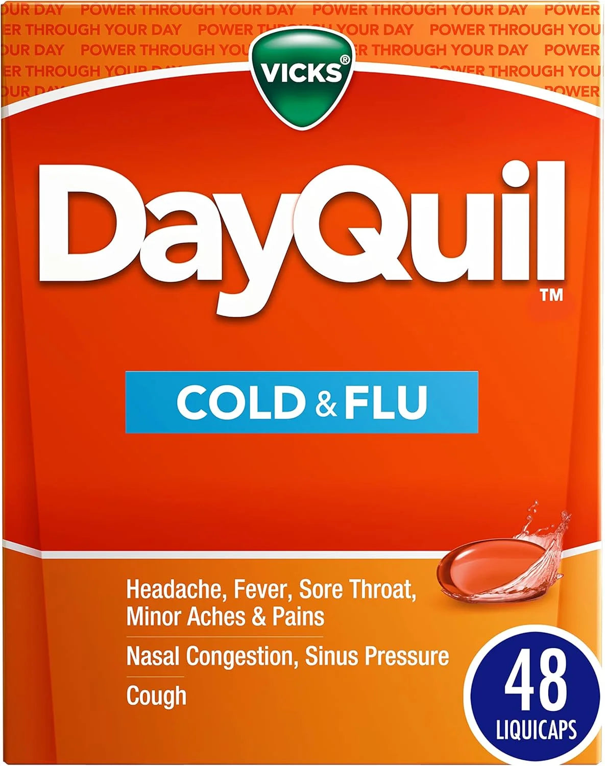 Vicks DayQuil Cold & Flu Medicine, Non-Drowsy Powerful Multi-Symptom Daytime Relief for Headache, Fever, Sore Throat, Minor Aches and Pains, Nasal Congestion, Sinus Pressure and Cough, 48 Liquicaps