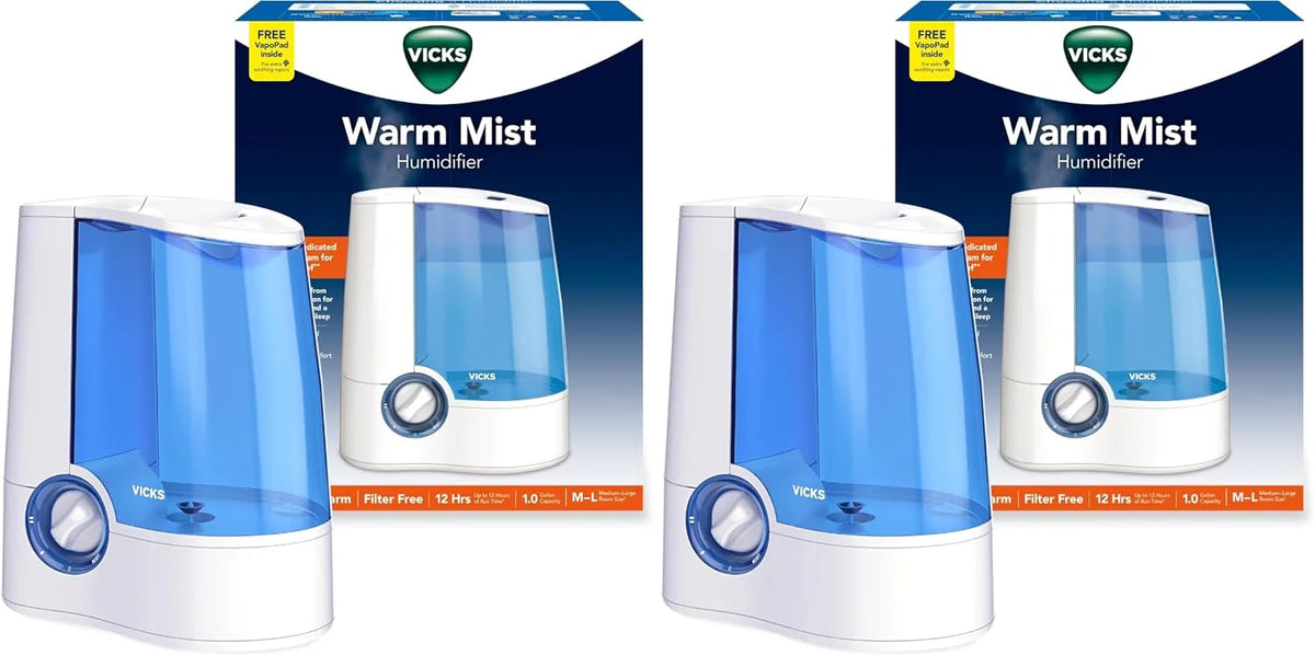 Vicks Warm Mist Humidifier Filter‑Free 1 Gal Tank,Auto Shut‑Off,Night Light,VapoPad and VapoSteam Compatible,(Pack of 2)
