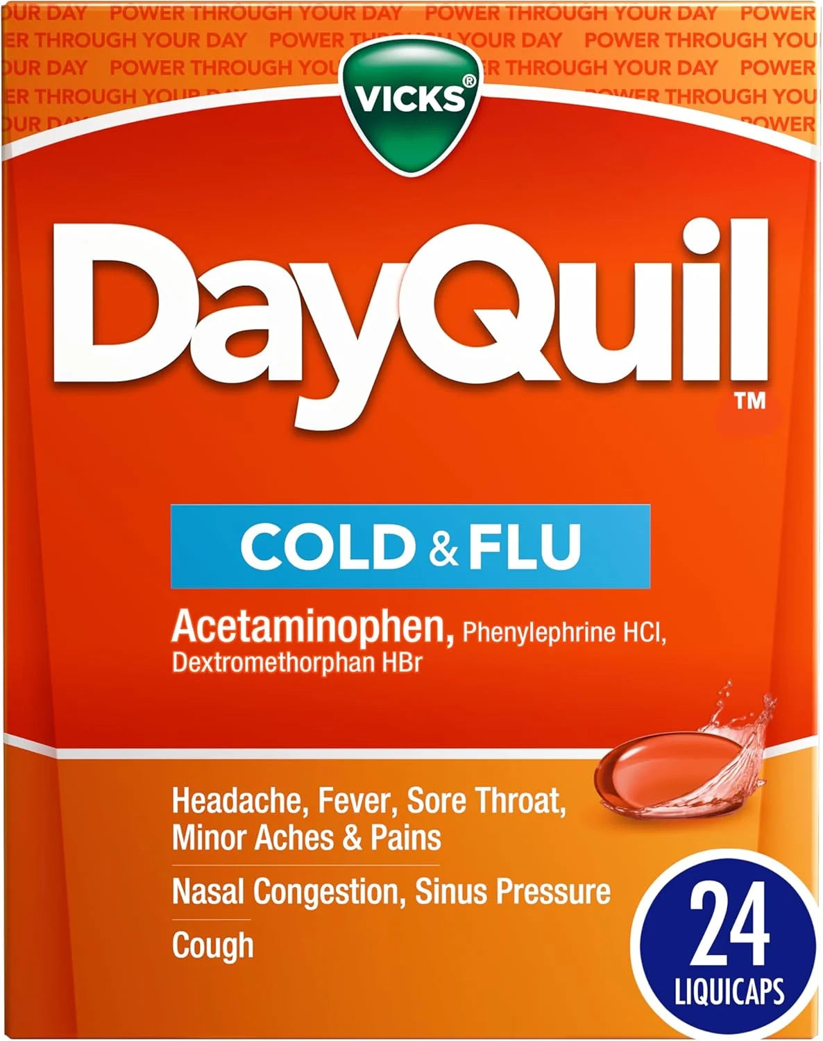 Vicks DayQuil Cold & Flu Medicine, Non-Drowsy Powerful Multi-Symptom Daytime Relief for Headache, Fever, Sore Throat, Minor Aches and Pains, Nasal Congestion, Sinus Pressure and Cough, 24 Liquicaps
