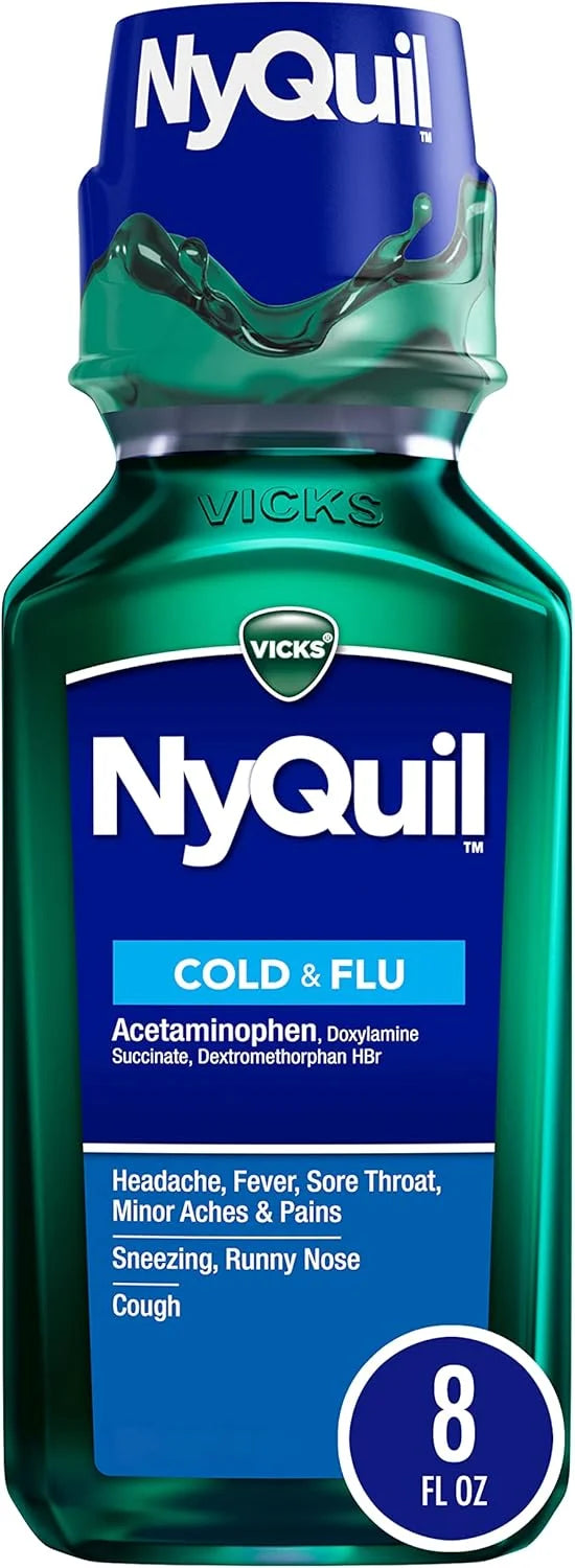 Vicks NyQuil Cold and Flu Relief Liquid Medicine, Powerful Multi-Symptom Nighttime Relief for Headache, Fever, Sore Throat, Minor Aches and Pains, Sneezing, Runny Nose, and Cough, 8 FL OZ