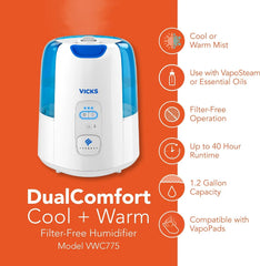Vicks Dual Comfort Cool + Warm Mist Humidifier for Bedrooms With Fusion Technology, Compatible with Vicks VapoPads and VapoSteam, White