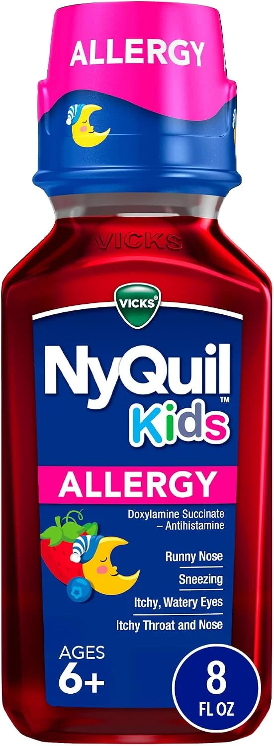 Vicks NyQuil Kids Allergy Liquid, Kids Nighttime Allergy Symptom Relief, Doxylamine Succinate Antihistamine, Berry Flavor, Ages 6+, 8 FL OZ