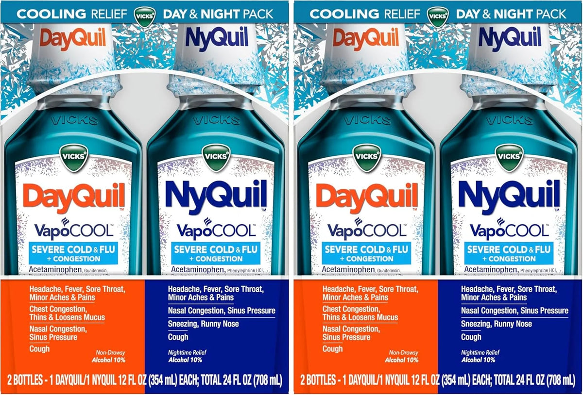 Vicks DayQuil and NyQuil VapoCOOL Severe Combo Cold & Flu + Congestion Medicine, Max Strength Relief for Fever, Sore Throat, Nasal Congestion, Sneezing, Cough, 2 x 12 oz Bottles, 1 NyQuil, 1 DayQuil