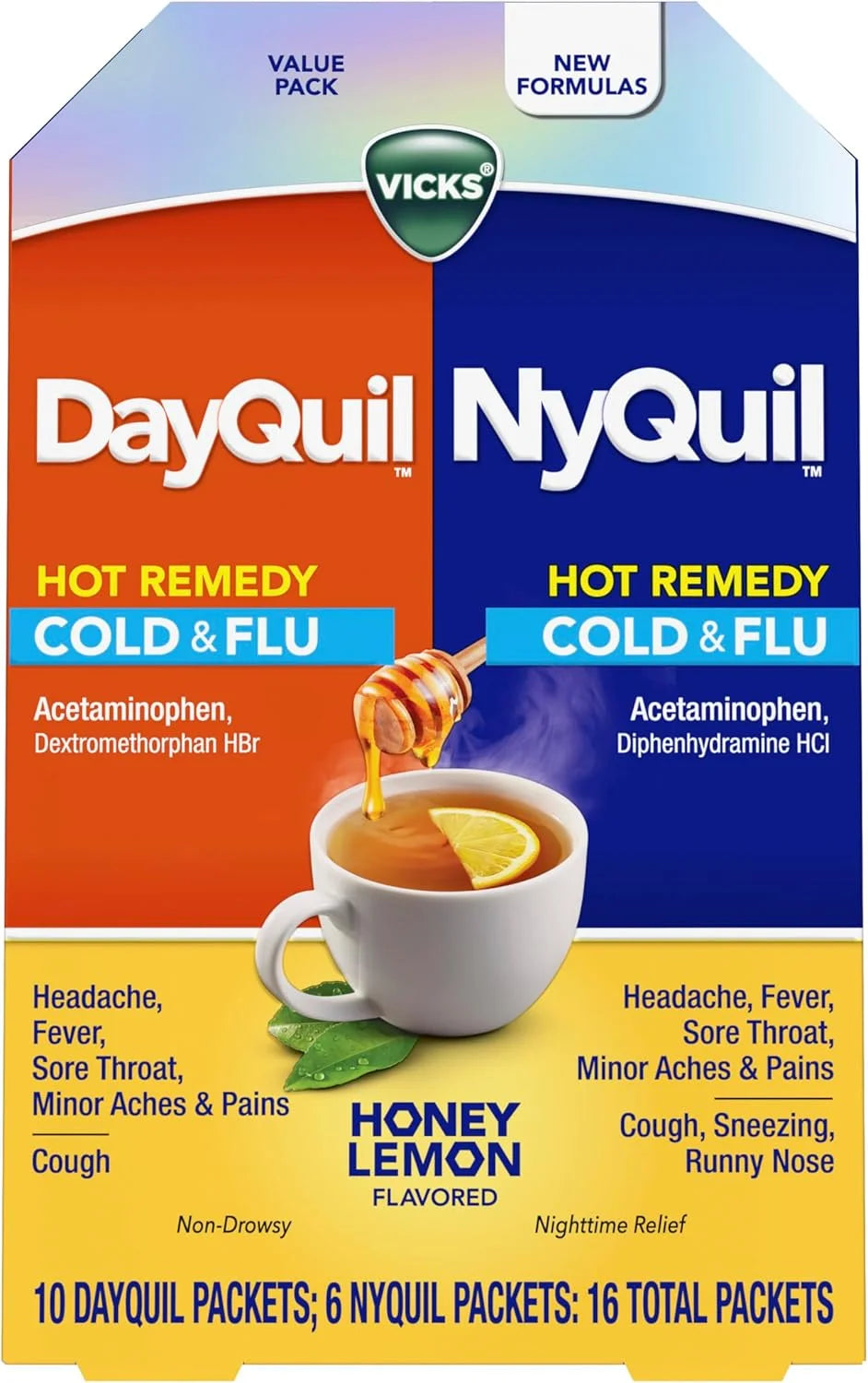 Vicks DayQuil & NyQuil Hot Remedy Cold & Flu Powder Mix, Over-The-Counter Medicine, Value Pack, Fast Relief for Headache, Fever, Sore Throat, Minor Aches and Pains, and Cough, 16 Packets