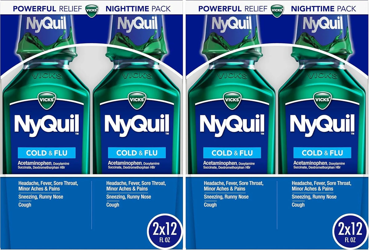 Vicks NyQuil Cough Cold and Flu Nighttime Relief, Original Liquid, 2x12 Fl Oz (Pack of 2)