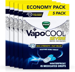 Vicks VapoCOOL SEVERE Max Strength* Menthol Cough Drop Alternative/Sore Throat Lozenge for Sore Throat Relief, Winterfrost, 5x45ct (225 total)