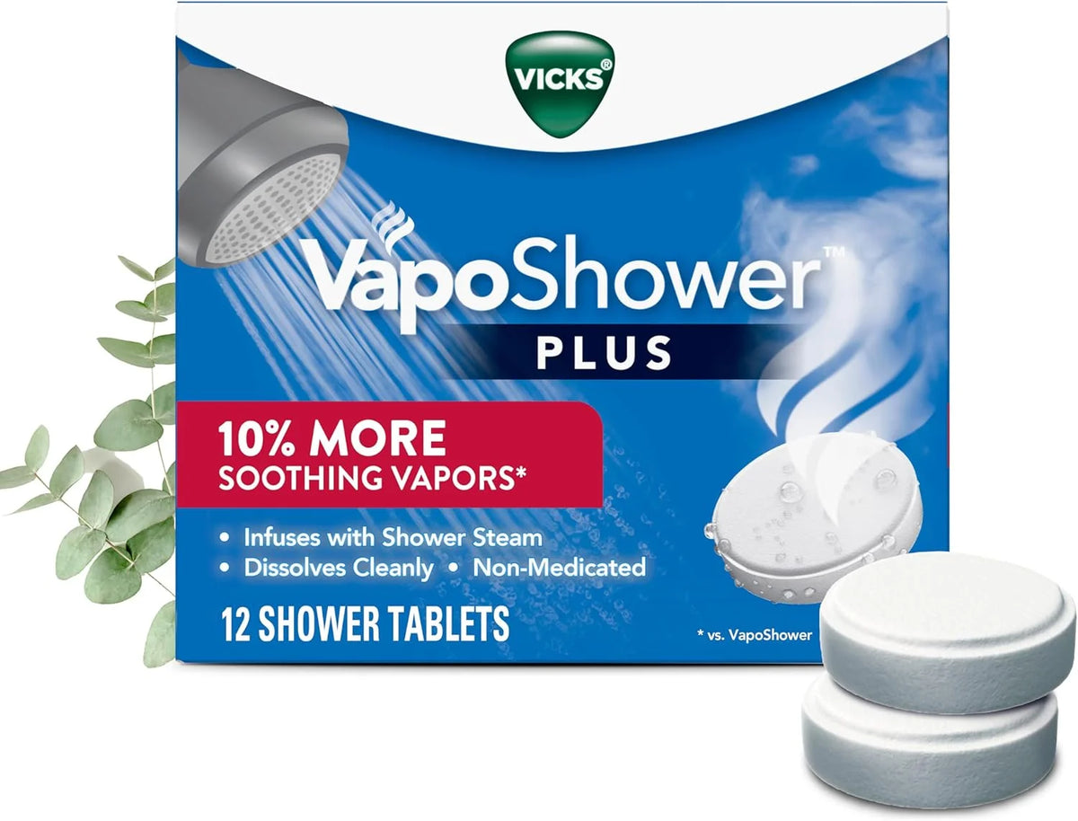 Vicks, VapoShower Plus, Shower Steamers, Eucalyptus Shower Steamer & Menthol Scent, Clean Dissolving Vapor Shower Tablets, Aromatherapy Shower Steamer & Shower Bombs, 12 Count (Pack of 6)