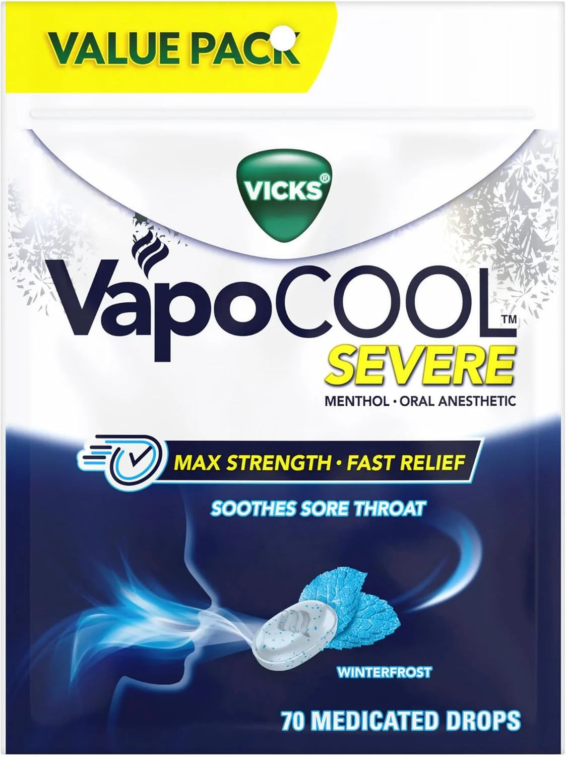 Vicks VapoCool Severe Medicated Sore Throat Drops, Max Strength Menthol, Soothes Sore Throat Pain, Winterfrost Flavor, 70 Count (Pack of 9)