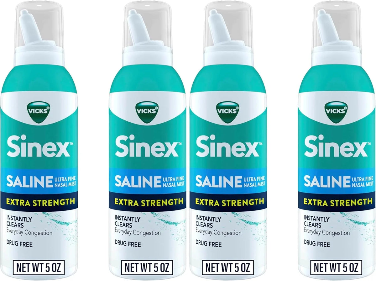 VICKS Sinex Saline Extra Strength Nasal Spray,3X Concentrated* Drug Free Ultra Fine Mist,Instantly Clears Mucus,Ultra Concentrated to Clear Congestion Fast, Safe For Daily Use 5 OZ,2 Count (Pack of 2)