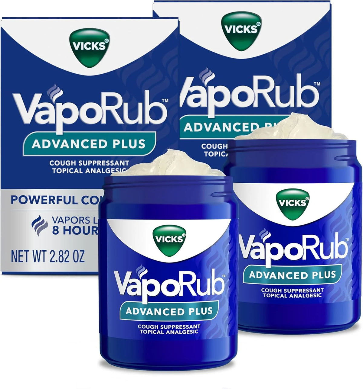 Vicks VapoRub Advanced Plus, Powerful Cough Suppressant, Topical Chest Rub & Analgesic Ointment, Medicated Vicks Vapors, Fast Cough Relief, 2.82oz x 2