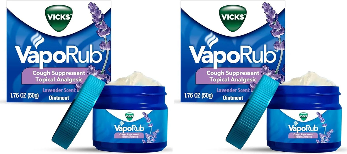 Vicks VapoRub, Lavender Scent, Cough Suppressant, Topical Chest Rub & Analgesic Ointment, Medicated Vapors, Relief from Cough Due to Cold, Aches & Pains, 1.76oz (Pack of 2)