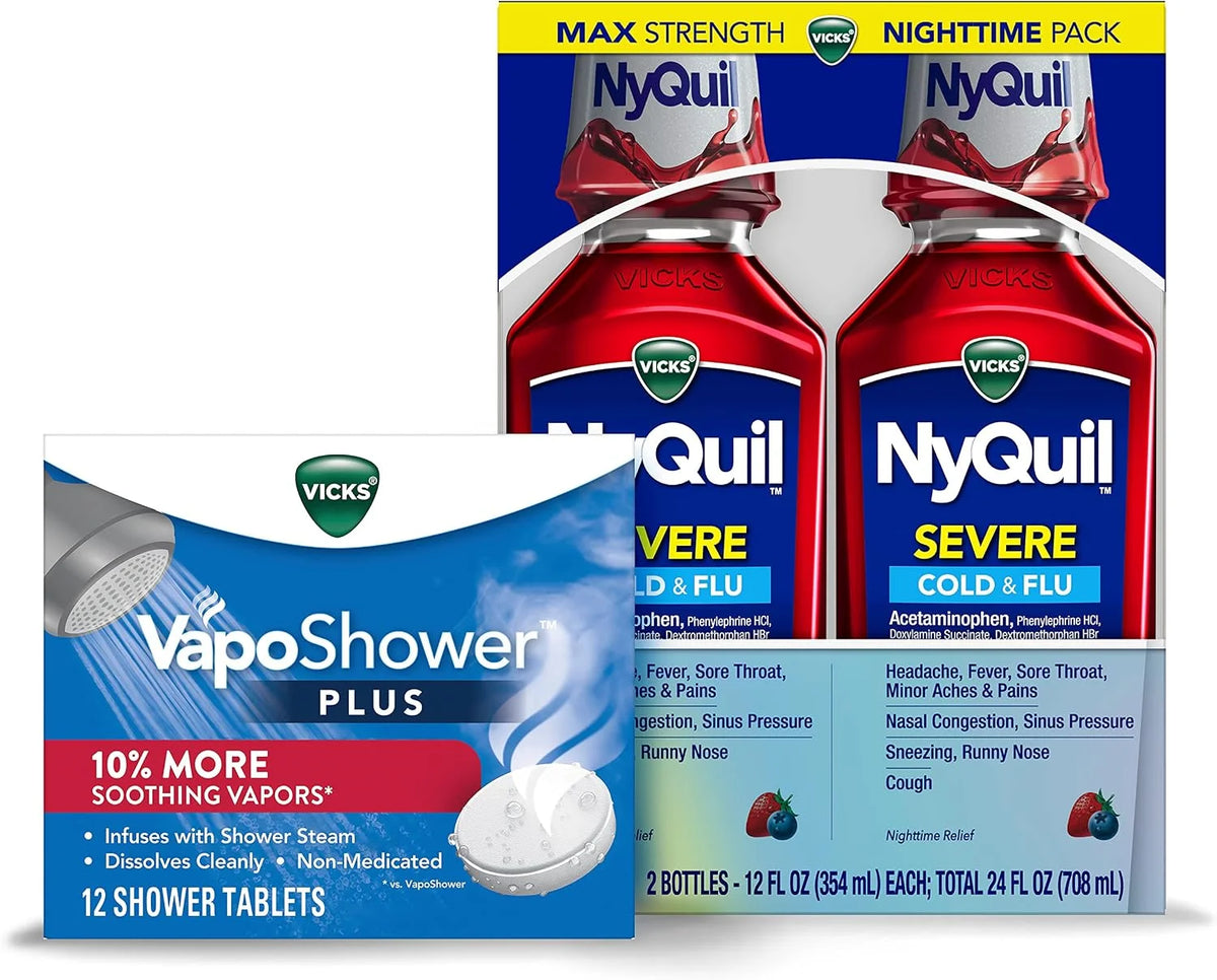Vicks NyQuil Severe, Nighttime Relief of Cough, Cold & Flu Relief, Sore Throat, 2-12 FL OZ Bottles VapoShower Plus, Shower Bomb Tablets, Strong Soothing Non-Medicated Vapors, 12 Tablets,