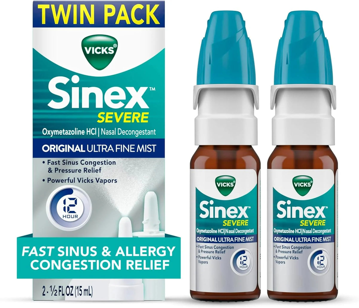 Vicks Sinex Severe Allergy & Sinus Nasal Spray, Original Ultra Fine Mist, Decongestant Relief from Nasal Congestion, Sinus Pressure Relief, 265 Sprays (2 Count)