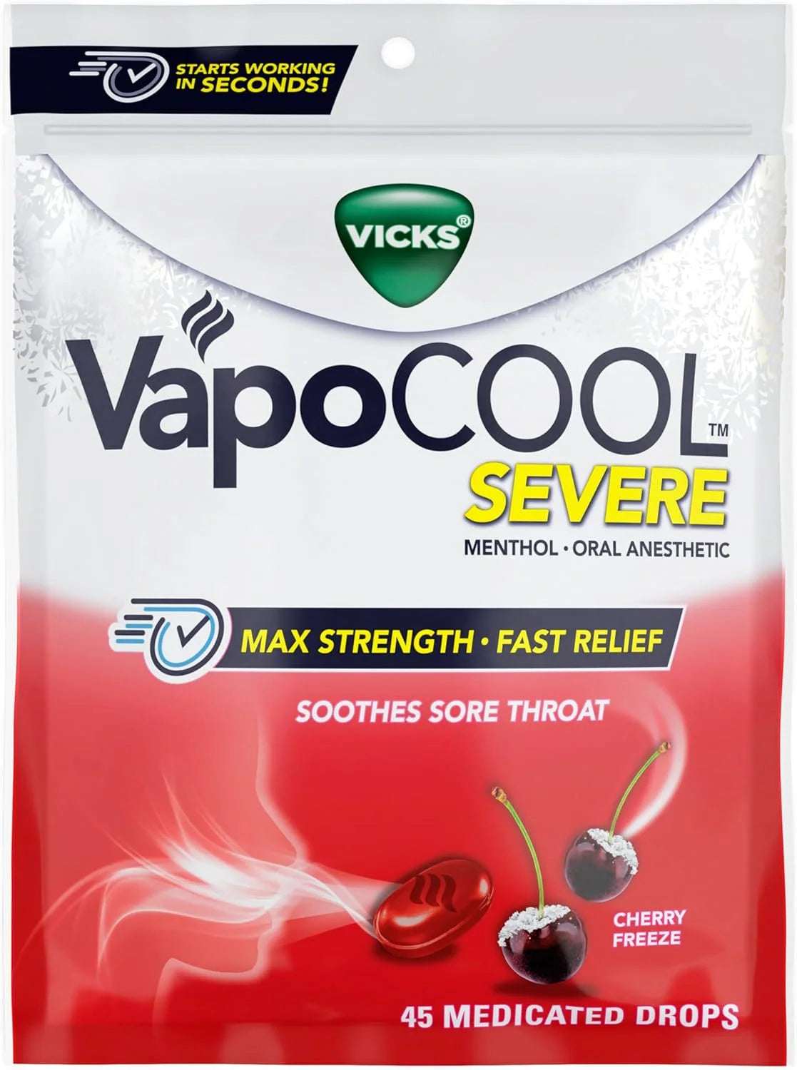 Vicks VapoCool Severe Medicated Sore Throat Drops, Max Strength Menthol, Soothes Sore Throat Pain, Cherry Flavor, 45ct