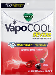 Vicks VapoCool Severe Medicated Sore Throat Drops, Max Strength Menthol, Soothes Sore Throat Pain, Cherry Flavor, 45ct
