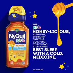 Vicks Kids NyQuil Honey Cold & Cough + Congestion Relief for Nighttime Sneezing, Runny Nose, Nasal Congestion & Cough, Flavored with Real Honey, for Children Ages 6+, 8 FL OZ