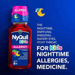 Vicks NyQuil Kids Allergy Liquid, Kids Nighttime Allergy Symptom Relief, Doxylamine Succinate Antihistamine, Berry Flavor, Ages 6+, 8 FL OZ