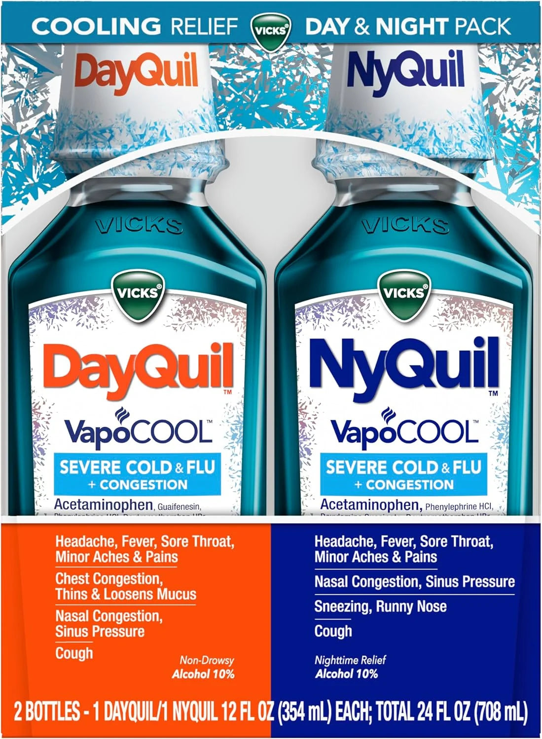 Vicks DayQuil and NyQuil VapoCOOL SEVERE Combo Cold & Flu + Congestion Medicine, Max Strength Relief For Fever, Sore Throat, Nasal Congestion, Sneezing, Cough, 2 x 12 oz Bottles, 1 NyQuil, 1 DayQuil